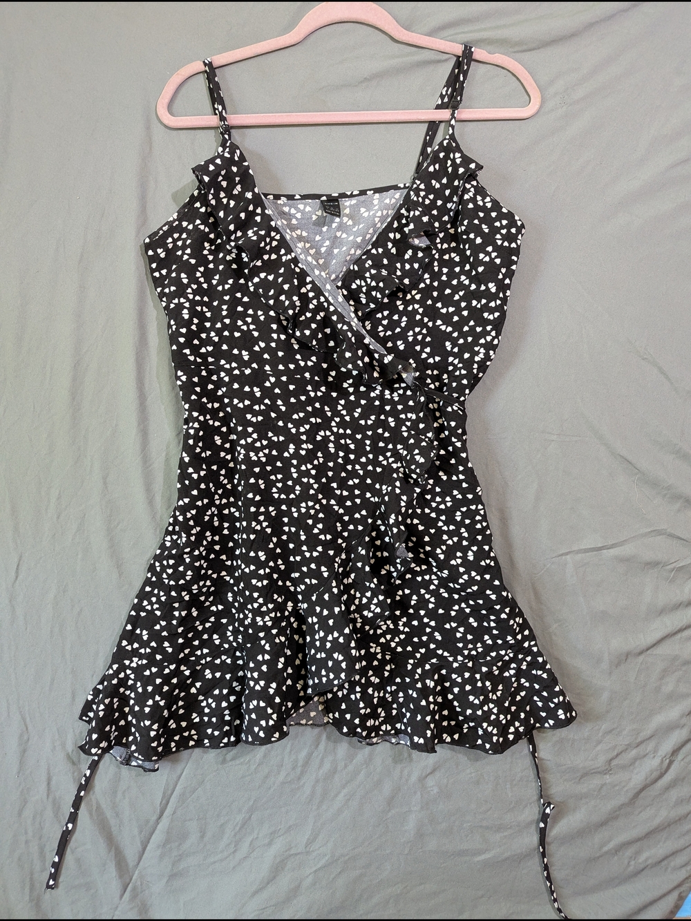 Black Ruffle Wrap Mini Dress with White Hearts Print